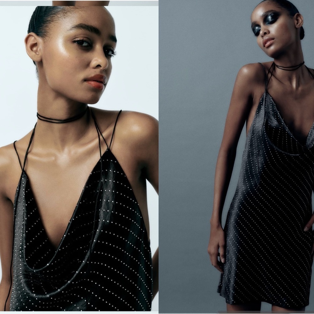 Zara Black satin effect crystal rhinestone jewelled cowl neck mini slip dress M - Picture 3 of 16